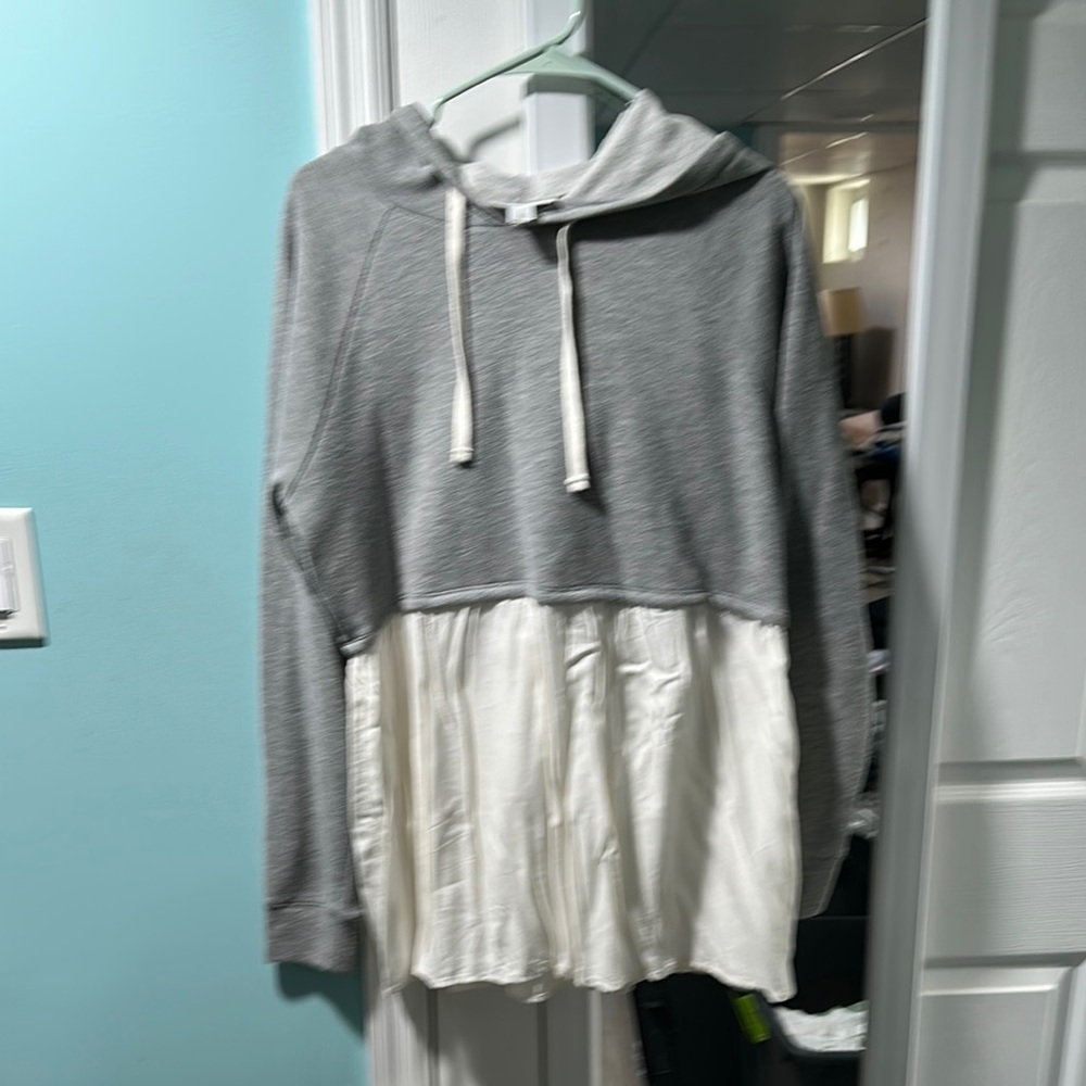 Maternity Gray and White Hoodie with Drawstrings